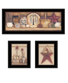 "Country Shelf & Stars" 3-Piece Vignette by Mary Ann June, Ready to Hang Framed Print, Black Frame