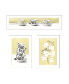 "Tea Cups & Yellow Flowers" 3-Piece Vignette by Artisan House Fenway,, Ready to Hang Framed Print, White Frame