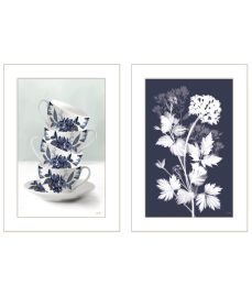 "Tea Towers with Flowers-Blue Vignette is by Artisan House Fenway, Ready to Hang Framed Print, White Frame