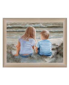 "Boy and Girl Sitting in Dunes" by Artisan Georgia Janisse, Ready to Hang Framed Print, Brown Frame